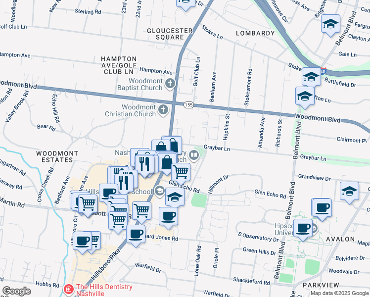 map of restaurants, bars, coffee shops, grocery stores, and more near 2097 Graybar Lane in Nashville