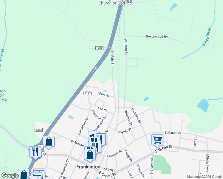 map of restaurants, bars, coffee shops, grocery stores, and more near 429 North Main Street in Franklinton