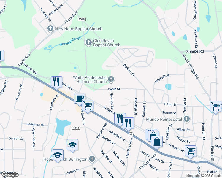 map of restaurants, bars, coffee shops, grocery stores, and more near 1700 Cadiz Street in Burlington
