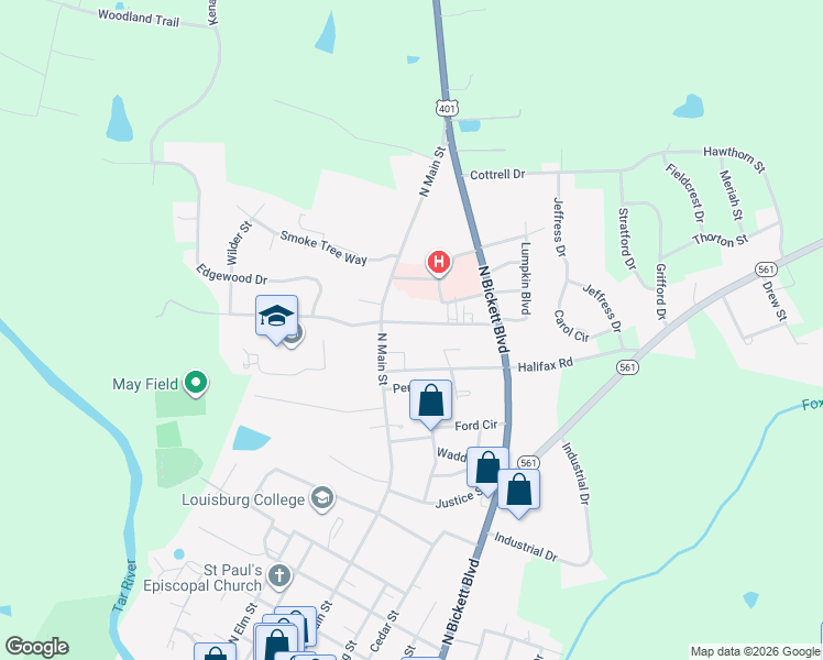 map of restaurants, bars, coffee shops, grocery stores, and more near 104 Jolly Street in Louisburg