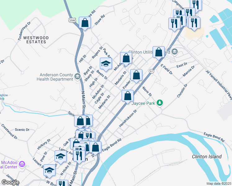 map of restaurants, bars, coffee shops, grocery stores, and more near 723 Medaris Street in Clinton