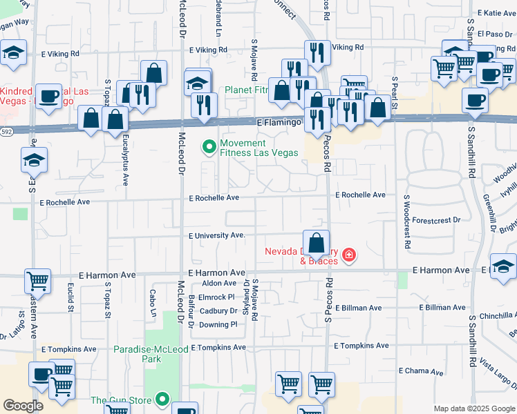 map of restaurants, bars, coffee shops, grocery stores, and more near 3187 East Rochelle Avenue in Las Vegas