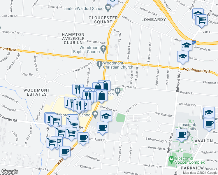 map of restaurants, bars, coffee shops, grocery stores, and more near in Nashville