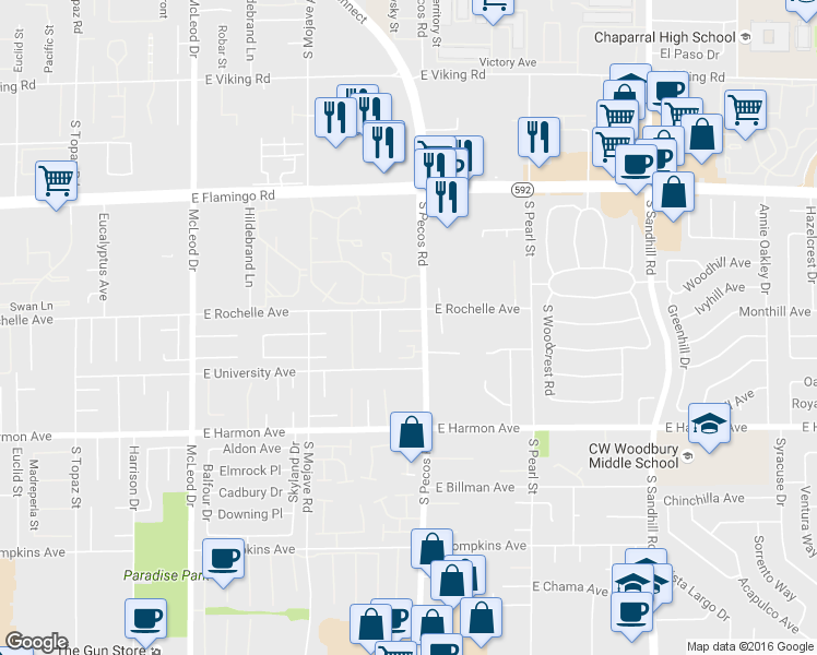 map of restaurants, bars, coffee shops, grocery stores, and more near 4375 South Pecos Road in Las Vegas