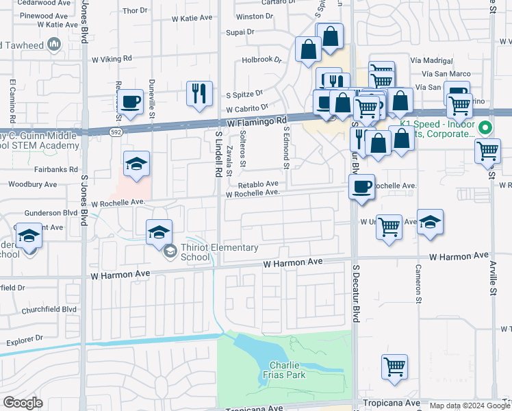 map of restaurants, bars, coffee shops, grocery stores, and more near 5278 River Glen Drive in Las Vegas