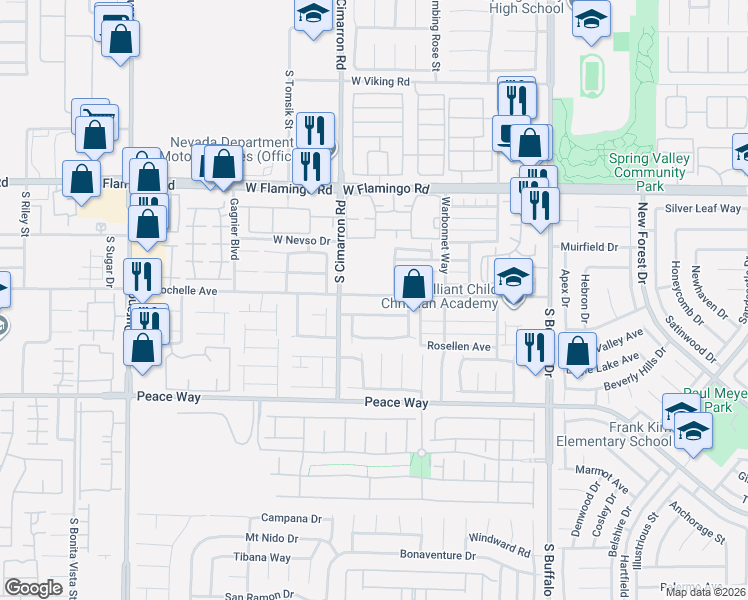map of restaurants, bars, coffee shops, grocery stores, and more near 8151 West Rochelle Avenue in Las Vegas