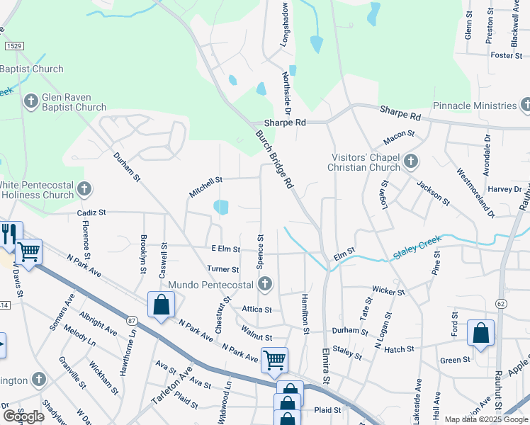 map of restaurants, bars, coffee shops, grocery stores, and more near 611 Spence Street in Burlington