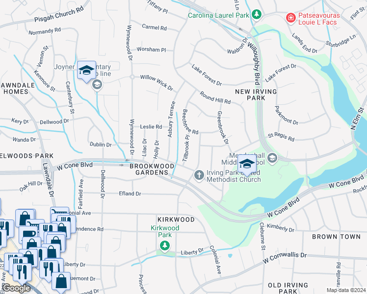 map of restaurants, bars, coffee shops, grocery stores, and more near 2709 Tillbrook Place in Greensboro