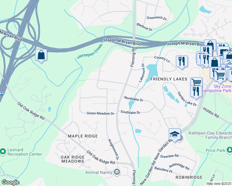 map of restaurants, bars, coffee shops, grocery stores, and more near 4926 Fox Chase Road in Greensboro