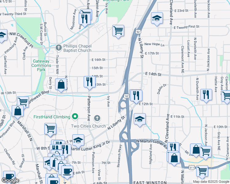 map of restaurants, bars, coffee shops, grocery stores, and more near 531-599 Northwest Boulevard in Winston-Salem