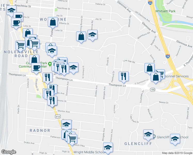 map of restaurants, bars, coffee shops, grocery stores, and more near 106 Prescott Place in Nashville