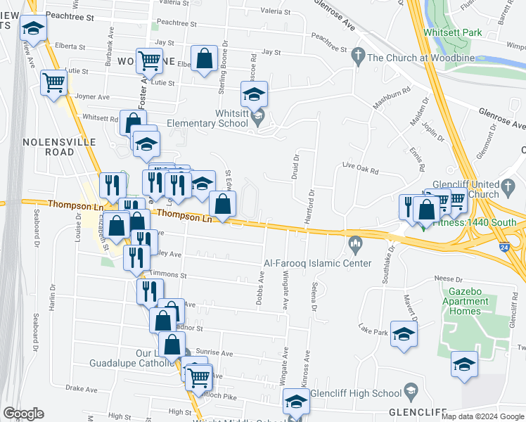 map of restaurants, bars, coffee shops, grocery stores, and more near 106 Prescott Place in Nashville