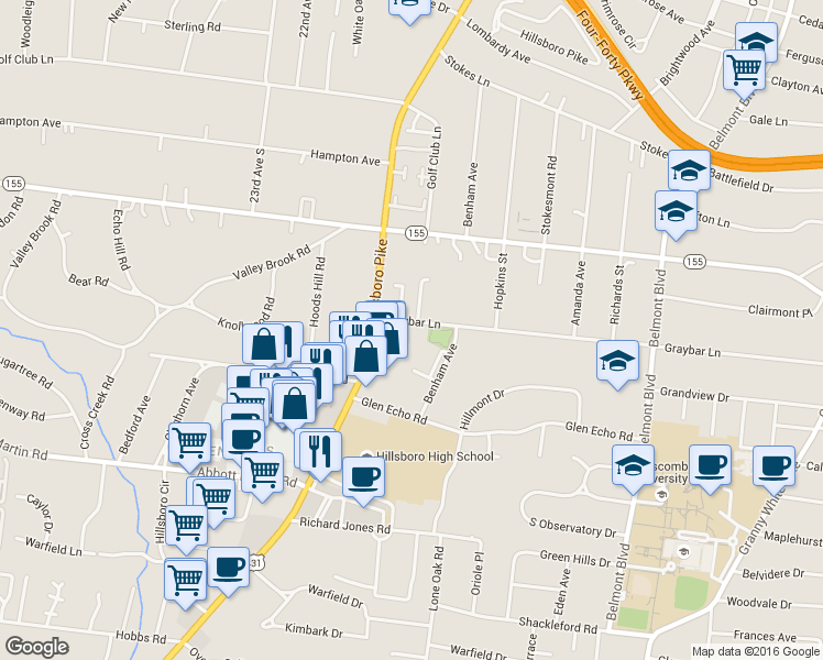 map of restaurants, bars, coffee shops, grocery stores, and more near 2097 Graybar Lane in Nashville
