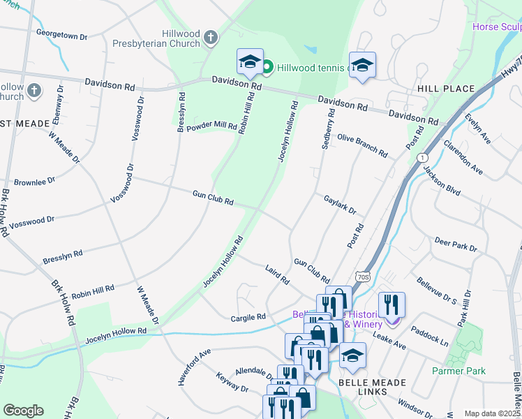 map of restaurants, bars, coffee shops, grocery stores, and more near 6041 Jocelyn Hollow Road in Nashville