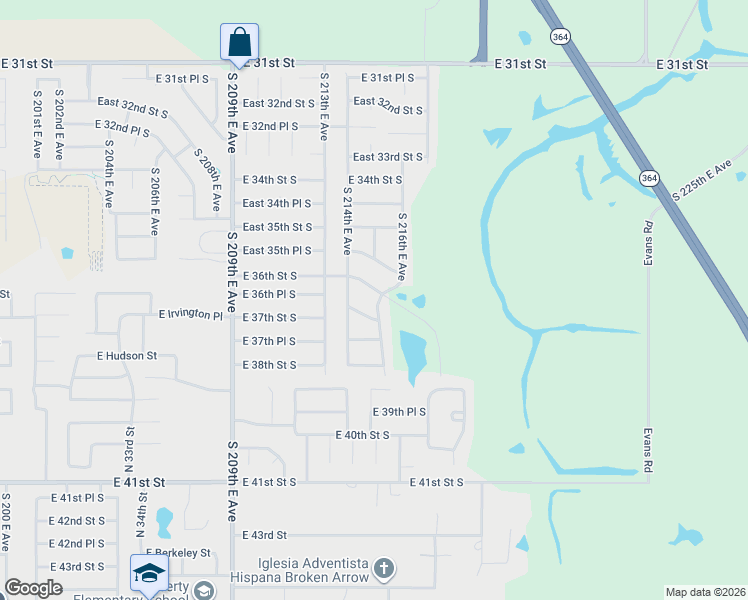 map of restaurants, bars, coffee shops, grocery stores, and more near 21440 East 36th Street South in Broken Arrow