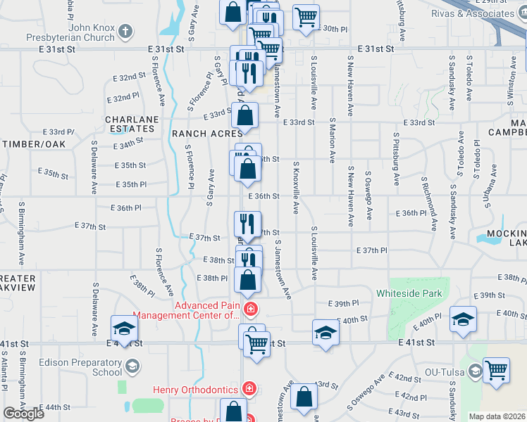 map of restaurants, bars, coffee shops, grocery stores, and more near 3614 South Jamestown Avenue in Tulsa