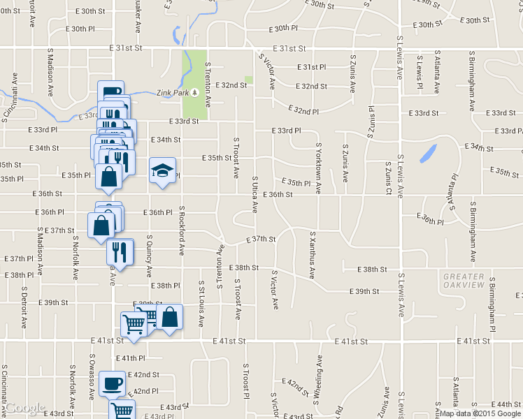 map of restaurants, bars, coffee shops, grocery stores, and more near 1637 East 36th Place in Tulsa