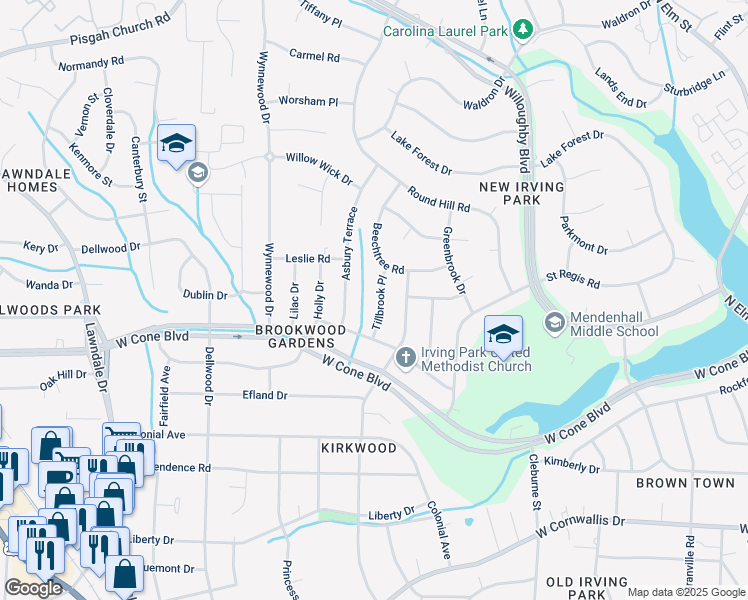 map of restaurants, bars, coffee shops, grocery stores, and more near 2709 Tillbrook Place in Greensboro