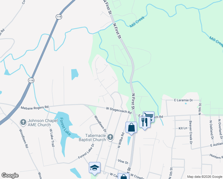 map of restaurants, bars, coffee shops, grocery stores, and more near 714 North Carr Street in Mebane