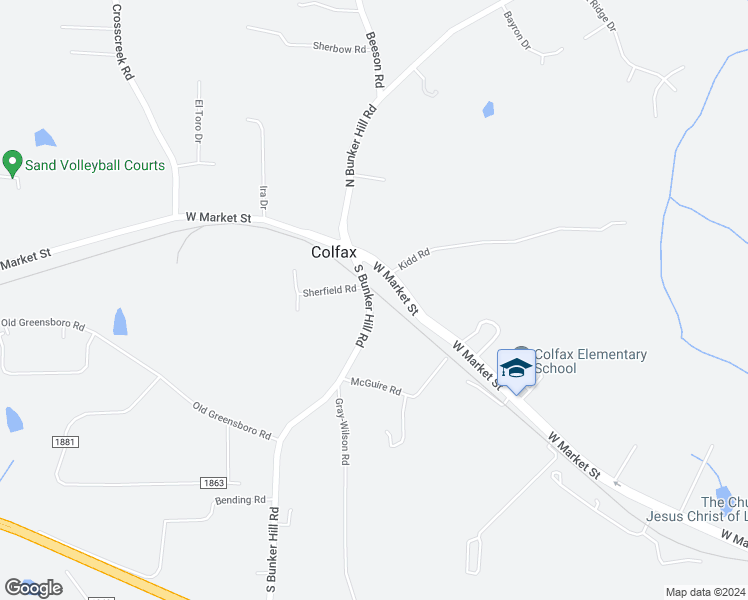 map of restaurants, bars, coffee shops, grocery stores, and more near 201 South Bunker Hill Road in Colfax
