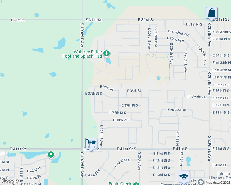map of restaurants, bars, coffee shops, grocery stores, and more near 19612 East 36th Street in Broken Arrow