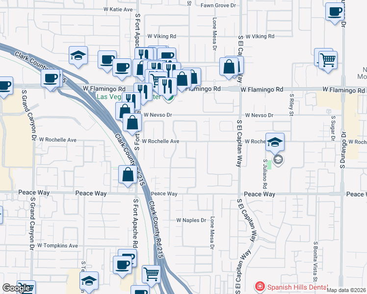 map of restaurants, bars, coffee shops, grocery stores, and more near 4323 Village Spring Street in Las Vegas