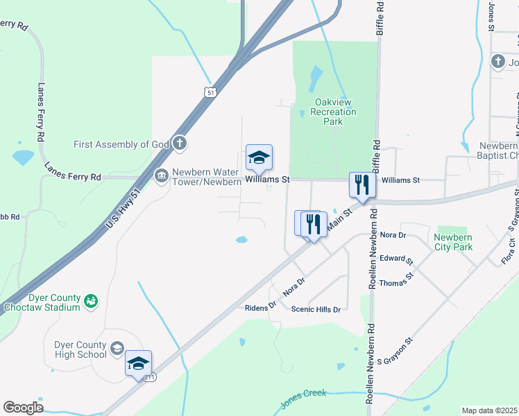 map of restaurants, bars, coffee shops, grocery stores, and more near 891 Lacebark Cove in Newbern