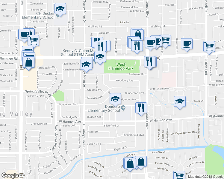 map of restaurants, bars, coffee shops, grocery stores, and more near 6345 Newville Avenue in Las Vegas