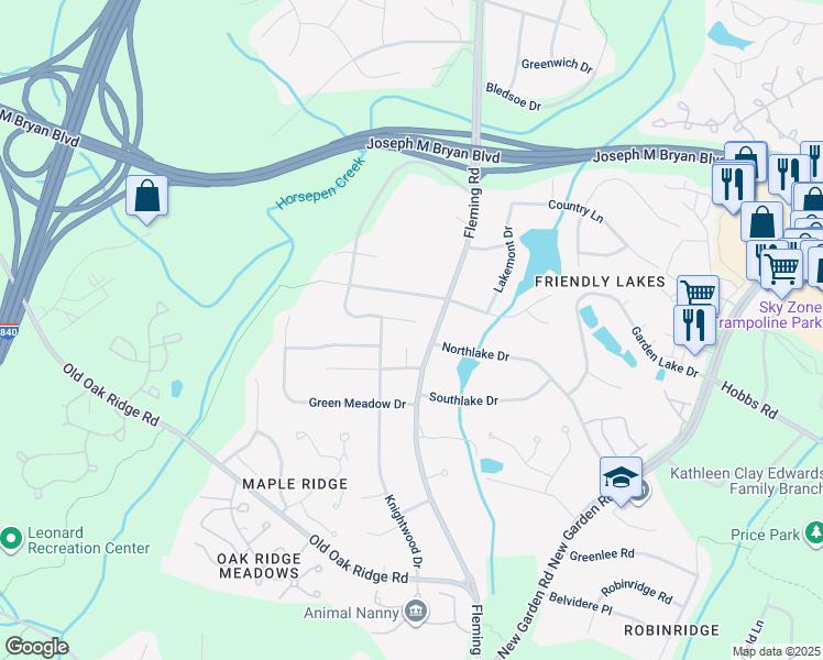 map of restaurants, bars, coffee shops, grocery stores, and more near 4926 Fox Chase Road in Greensboro