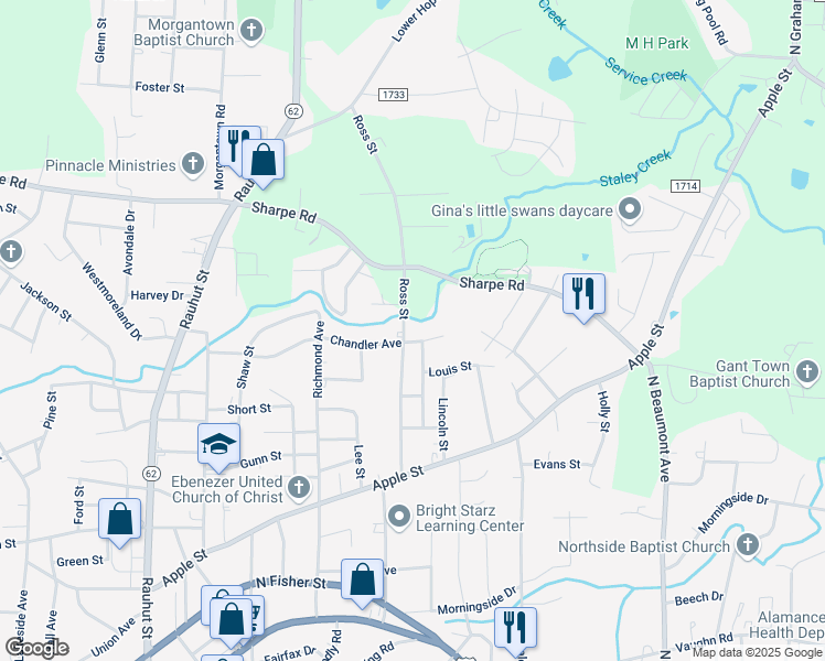 map of restaurants, bars, coffee shops, grocery stores, and more near 805 Ross Street in Burlington