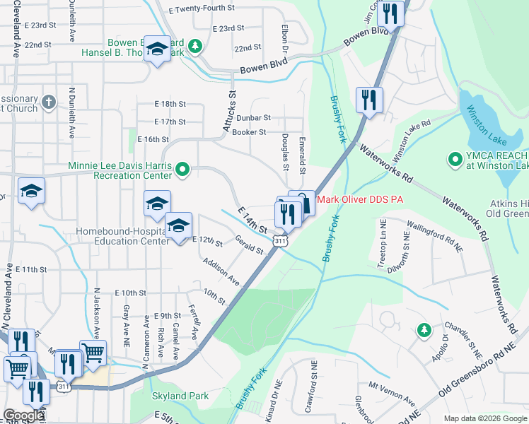 map of restaurants, bars, coffee shops, grocery stores, and more near 2295 East 14th Street in Winston-Salem