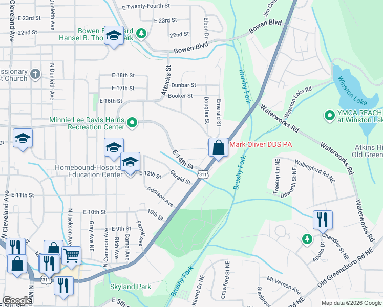 map of restaurants, bars, coffee shops, grocery stores, and more near 2295 East 14th Street in Winston-Salem