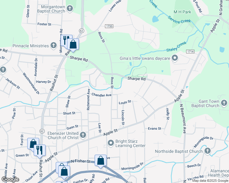 map of restaurants, bars, coffee shops, grocery stores, and more near 805 Ross Street in Burlington