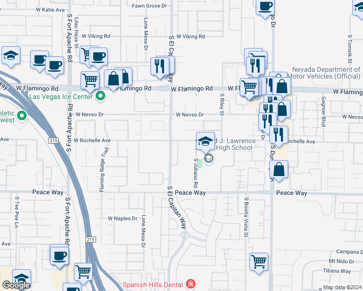 map of restaurants, bars, coffee shops, grocery stores, and more near 4316 Spooner Lake Circle in Las Vegas