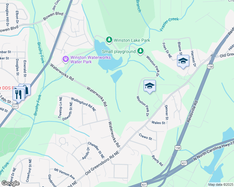 map of restaurants, bars, coffee shops, grocery stores, and more near 1635 East 5th Street in Winston-Salem