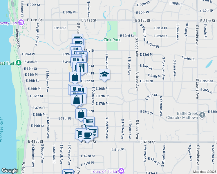 map of restaurants, bars, coffee shops, grocery stores, and more near 1503 East 36th Place in Tulsa