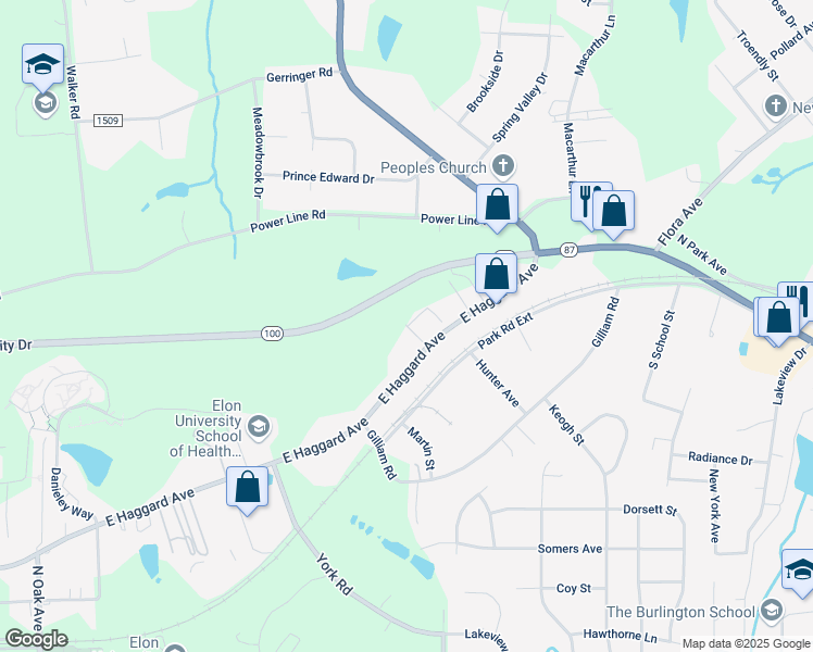 map of restaurants, bars, coffee shops, grocery stores, and more near 202 Campus Walk Trail in Elon
