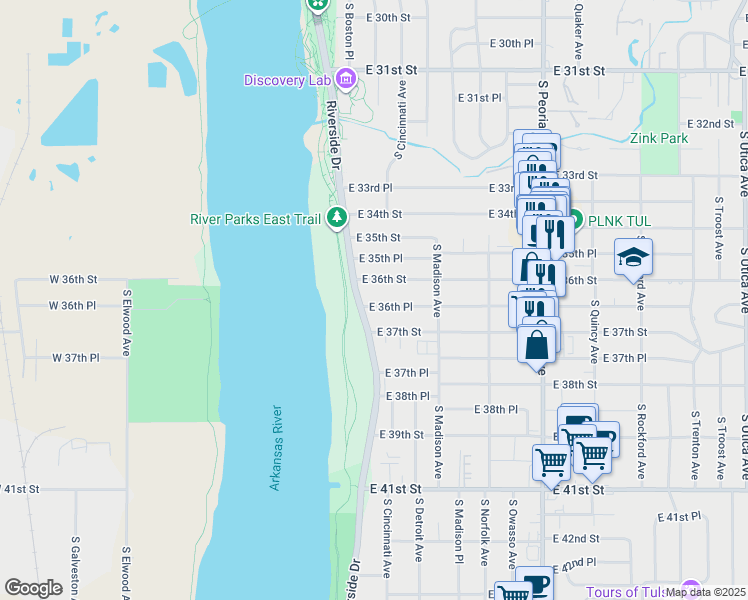 map of restaurants, bars, coffee shops, grocery stores, and more near 913 East 36th Place in Tulsa
