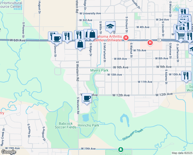 map of restaurants, bars, coffee shops, grocery stores, and more near 1001 South Willis Street in Stillwater