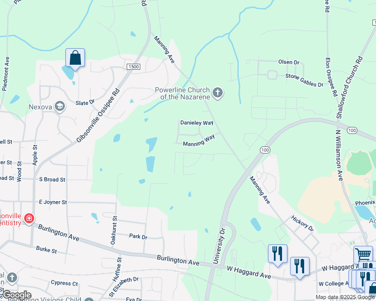 map of restaurants, bars, coffee shops, grocery stores, and more near 1239 Elon Crossing Drive in Elon