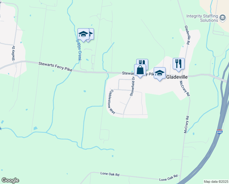 map of restaurants, bars, coffee shops, grocery stores, and more near 413 Cobblestone Way in Mt. Juliet