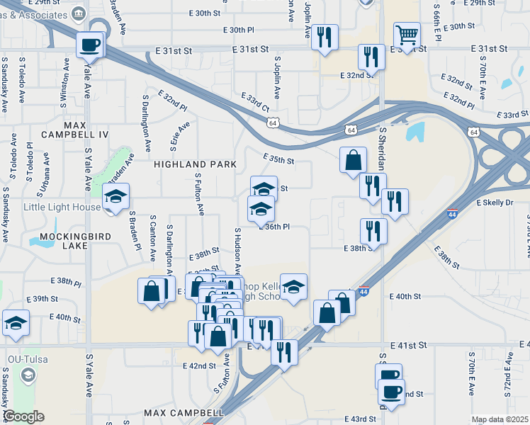 map of restaurants, bars, coffee shops, grocery stores, and more near 3613 South Hudson Avenue in Tulsa