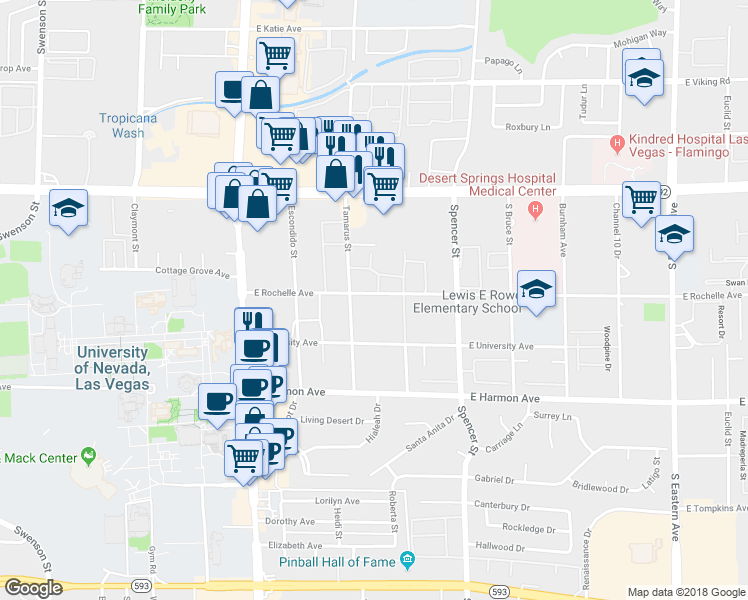 map of restaurants, bars, coffee shops, grocery stores, and more near 1555 East Rochelle Avenue in Las Vegas