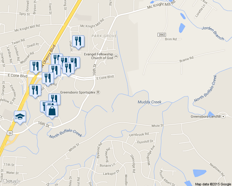 map of restaurants, bars, coffee shops, grocery stores, and more near 2400 Near 16th Street in Greensboro