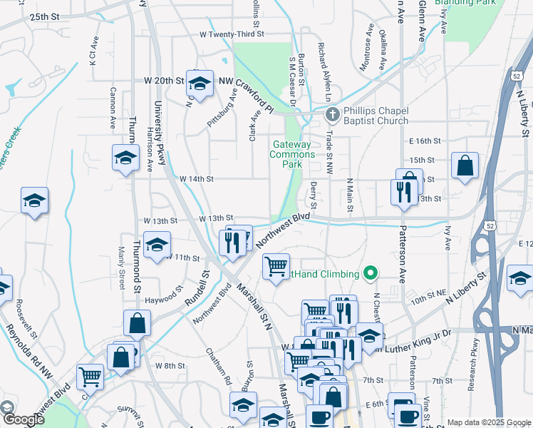 map of restaurants, bars, coffee shops, grocery stores, and more near 1300 Underwood Avenue in Winston-Salem