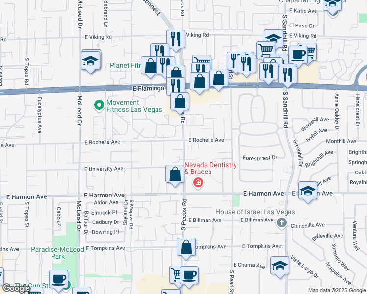 map of restaurants, bars, coffee shops, grocery stores, and more near 4375 South Pecos Road in Las Vegas