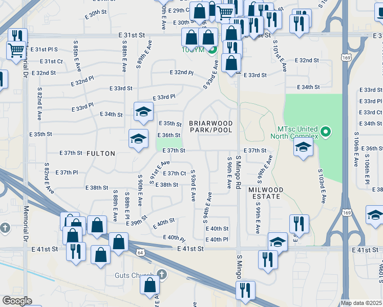 map of restaurants, bars, coffee shops, grocery stores, and more near 9314 East 37th Street in Tulsa