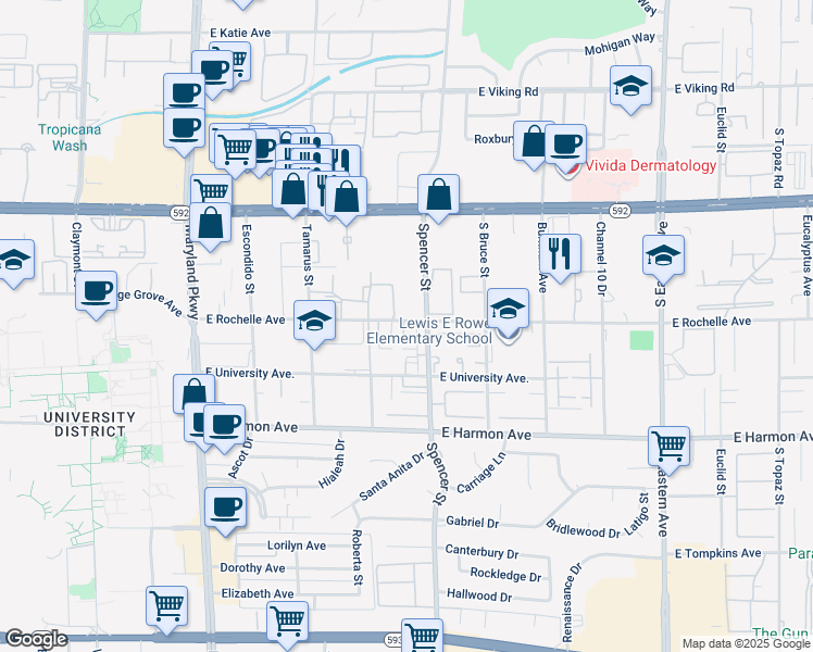map of restaurants, bars, coffee shops, grocery stores, and more near 4255 Spencer Street in Las Vegas