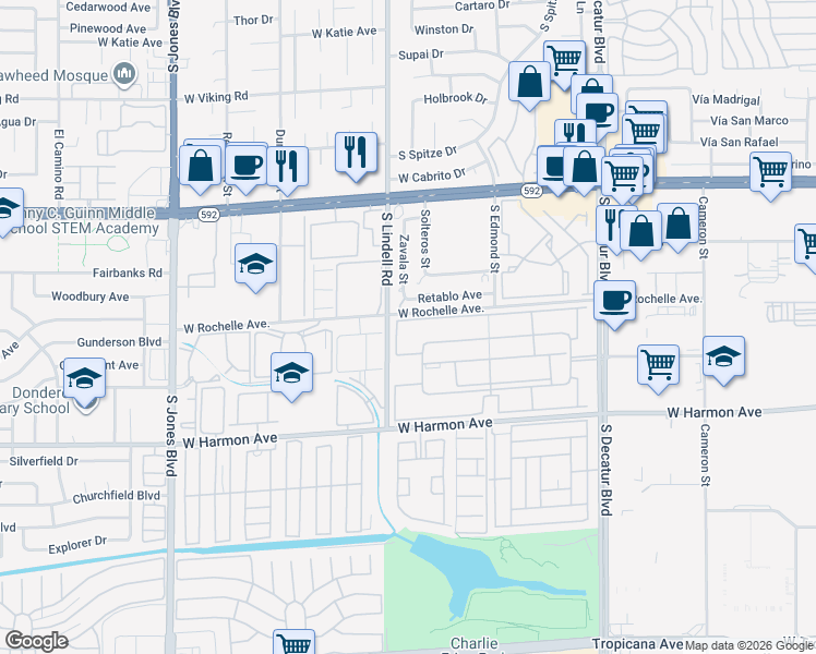 map of restaurants, bars, coffee shops, grocery stores, and more near 5332 River Glen Drive in Las Vegas