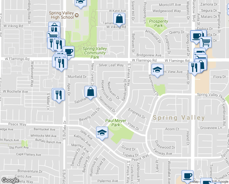 map of restaurants, bars, coffee shops, grocery stores, and more near 4386 Newhaven Drive in Las Vegas
